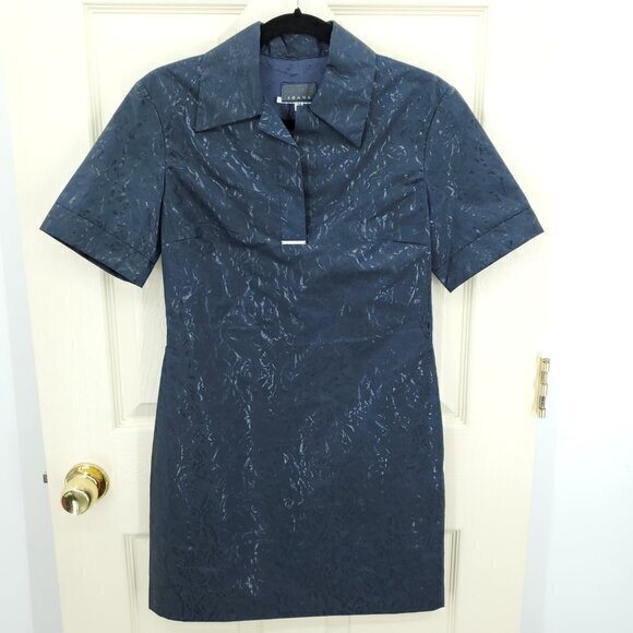 VTG 90s Exte Jeans Coated Woven Collared Mini Dress 28/42/US 6 Navy Blue - Picture 1 of 16